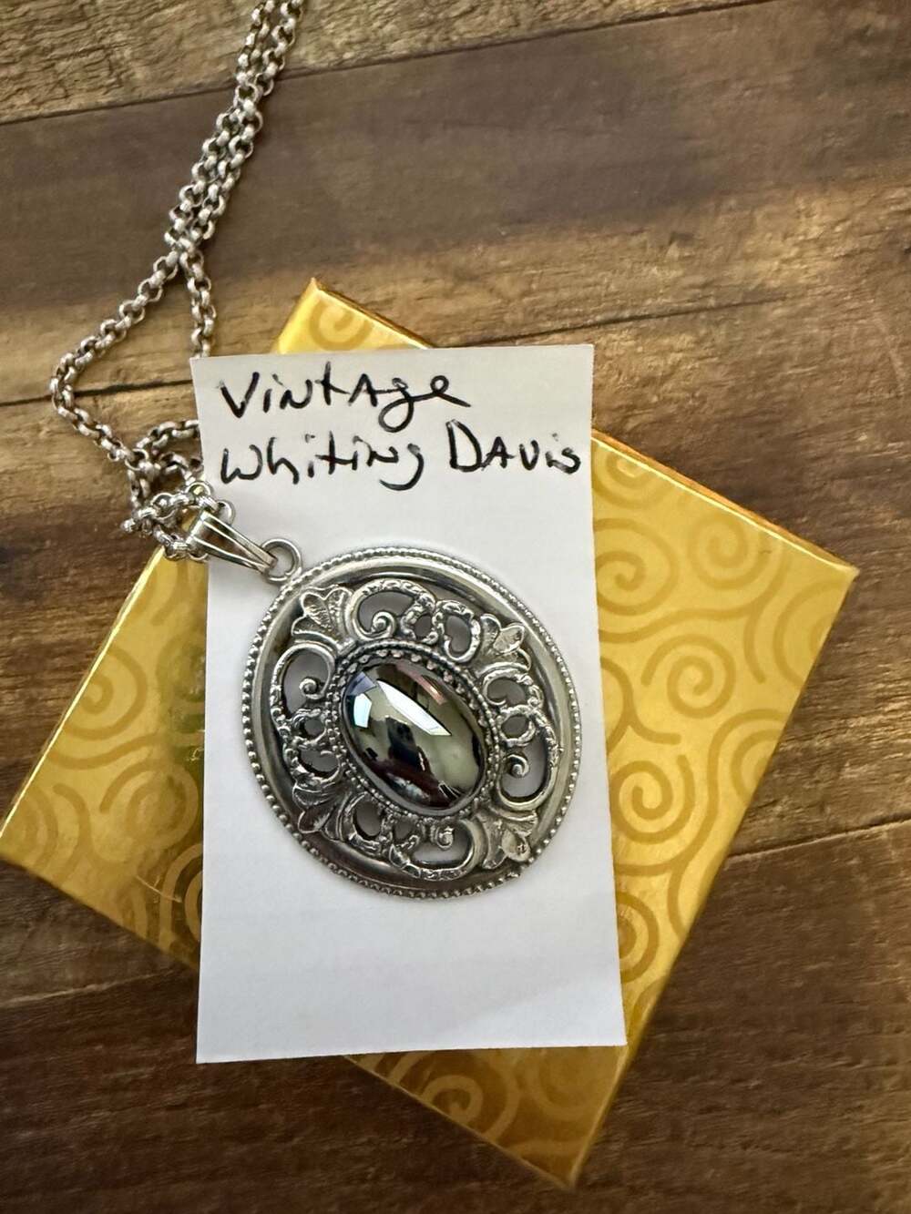 Vintage Whiting & Davis Silver-Tone Renaissance Revival Pendant Necklace with Mi